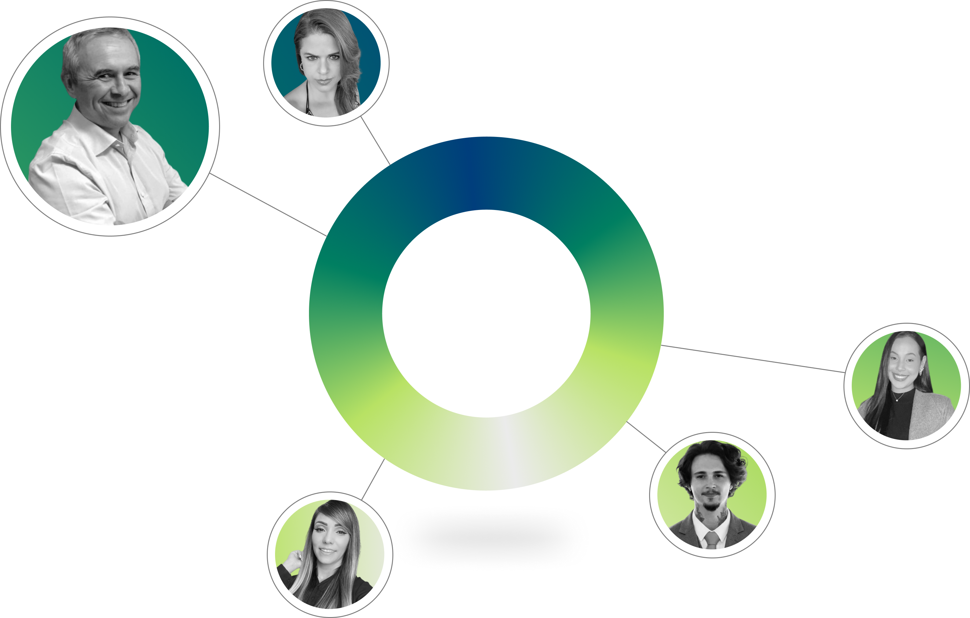 Integrantes da equipe Quanthas conectados a um anel em degradê do azul ao verde